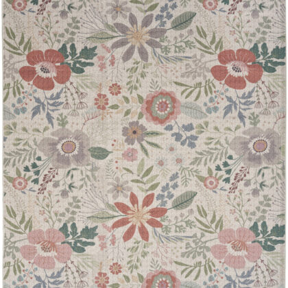 5' x 7' Ivory Green and Red Floral Power Loom Washable Non Skid Area Rug