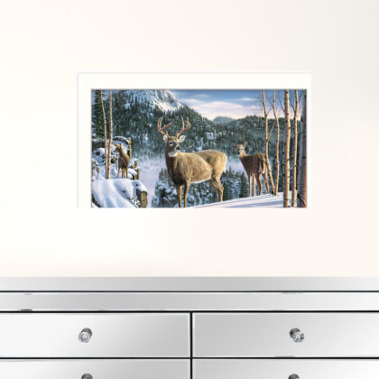 Morning View Deer 2 White Framed Print Wall Art