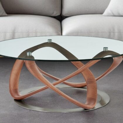 39" Clear And Brown Glass And Solid Wood Round Coffee Table