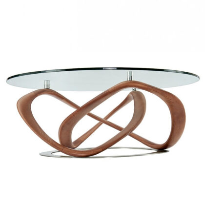 39" Clear And Brown Glass And Solid Wood Round Coffee Table