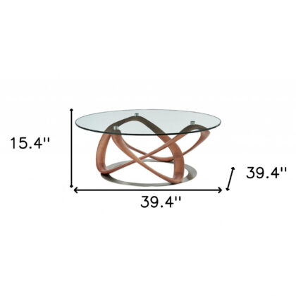 39" Clear And Brown Glass And Solid Wood Round Coffee Table