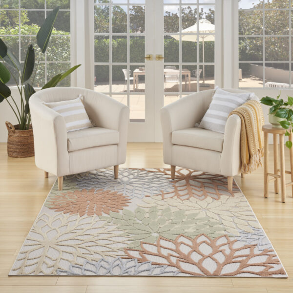 6' X 9' Ivory Green and Blue Indoor Outdoor Area Rug