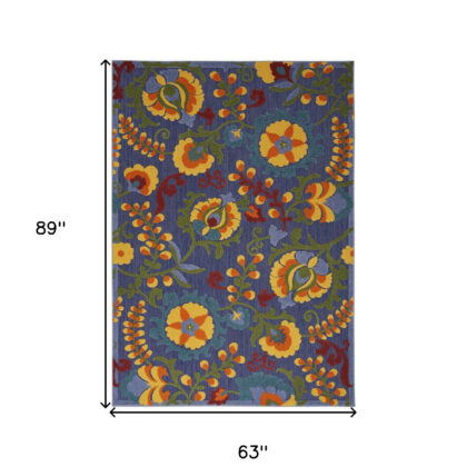 5' X 7' Blue Yellow and Green Indoor Outdoor Area Rug