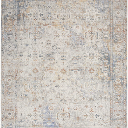 8' x 10' Ivory Blue and Orange Oriental Power Loom Distressed Area Rug With Fringe