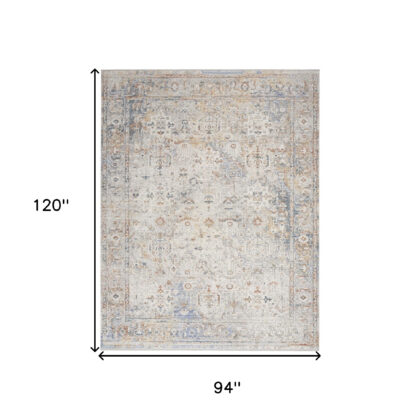 8' x 10' Ivory Blue and Orange Oriental Power Loom Distressed Area Rug With Fringe