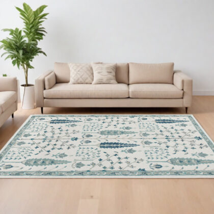 8' x 10' Ivory and Blue Wool Floral Hand Tufted Area Rug