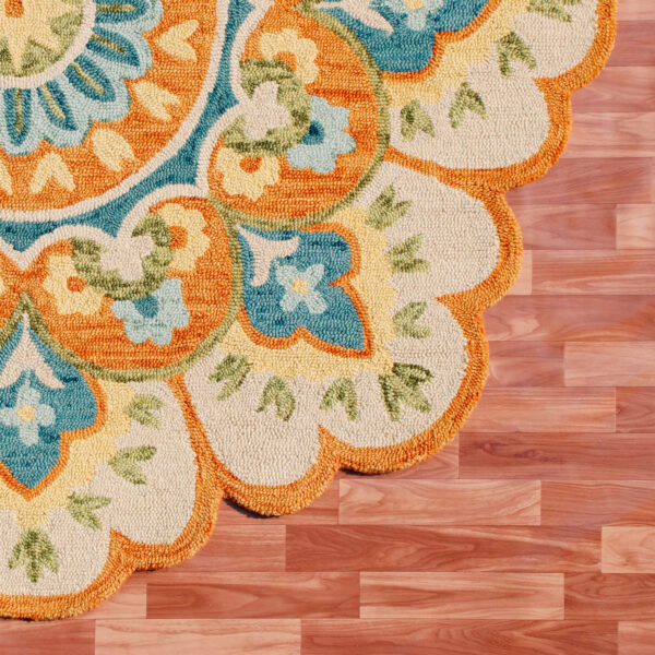 6' Orange and Blue Round Wool Floral Hand Tufted Area Rug