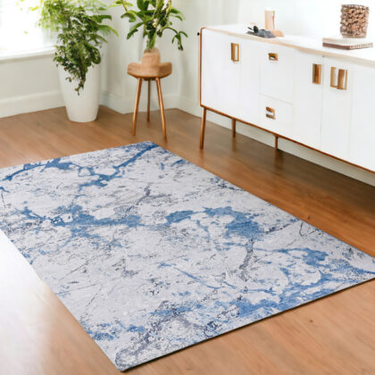 4' x 6' Blue and Silver Abstract Printed Washable Non Skid Area Rug
