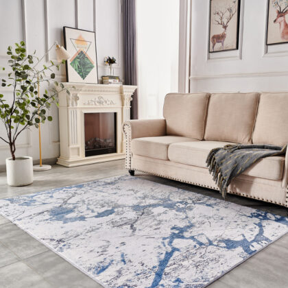 4' x 6' Blue and Silver Abstract Printed Washable Non Skid Area Rug