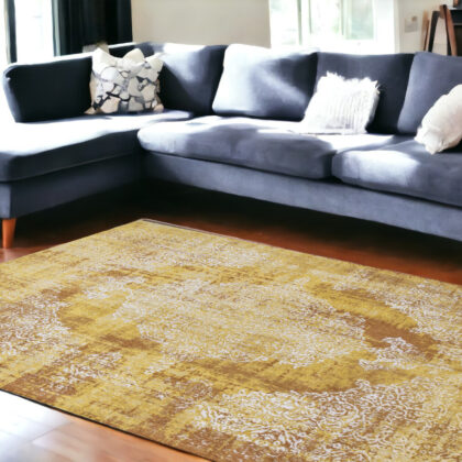 7' x 9' Yellow and Brown Oriental Non Skid Area Rug