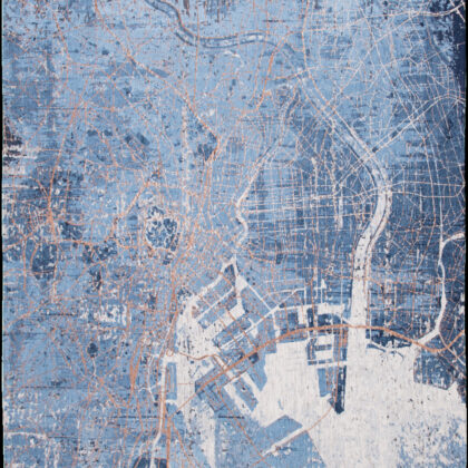 8' Blue and Black Round Abstract Non Skid Area Rug