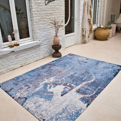 8' Blue and Black Round Abstract Non Skid Area Rug