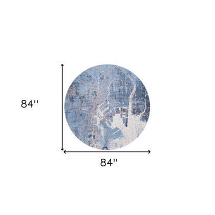 8' Blue and Black Round Abstract Non Skid Area Rug