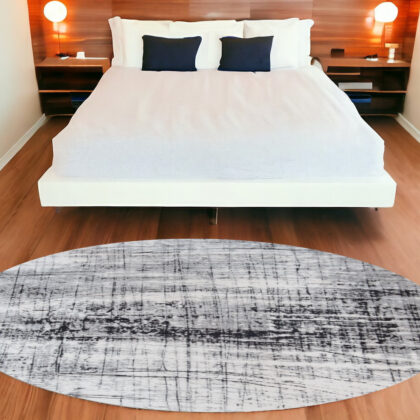 8' Black and White Round Abstract Non Skid Area Rug