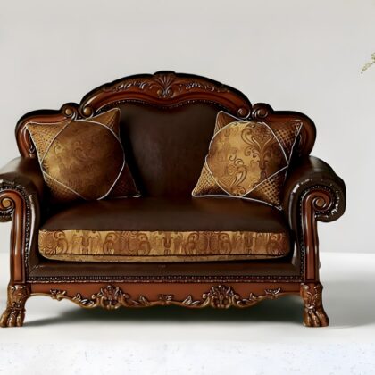 67" Brown Chenille Faux Leather And Cherry Oak Love Seat