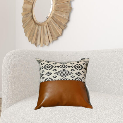 20" X 20" Brown Geometric Zippered Handmade Faux Leather Throw Pillow