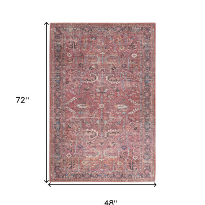 4' X 6' Brick Oriental Power Loom Distressed Washable Area Rug