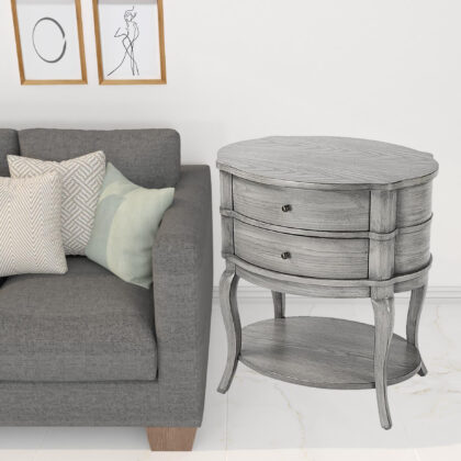 26" Gray Wood Oval End Table With Two Drawers And Shelf