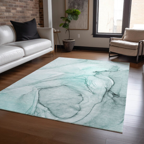9' X 12' Teal Abstract Washable Non Skid Indoor Outdoor Area Rug