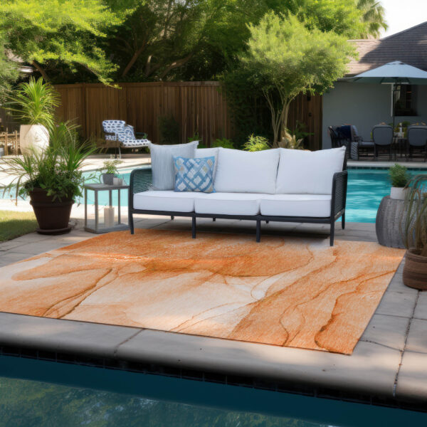 10' X 14' Orange Abstract Washable Non Skid Indoor Outdoor Area Rug