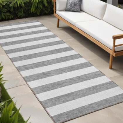 8' Runner Gray and White Striped Washable Non Skid Indoor Outdoor Runner Rug