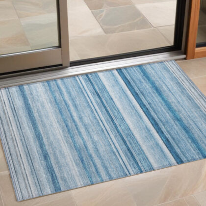 2' X 3' Blue Striped Washable Indoor Outdoor Area Rug