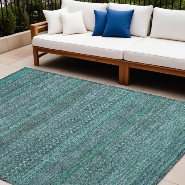 10' X 14' Turquoise Striped Washable Non Skid Indoor Outdoor Area Rug
