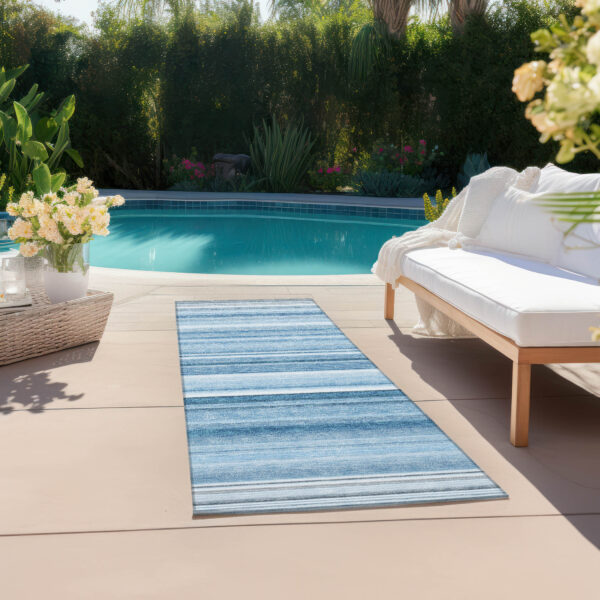 8' Runner Blue Striped Washable Non Skid Indoor Outdoor Runner Rug