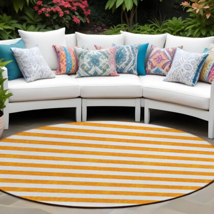 8' Round Orange and White Round Striped Washable Non Skid Indoor Outdoor Area Rug
