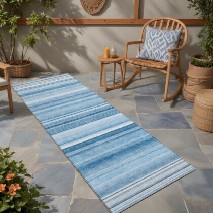 8' Runner Blue Striped Washable Non Skid Indoor Outdoor Runner Rug