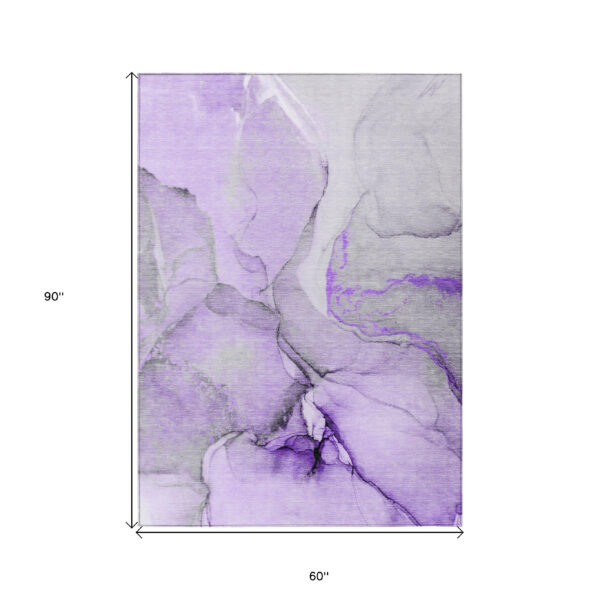 5' X 8' Purple and Ivory Abstract Washable Non Skid Indoor Outdoor Area Rug