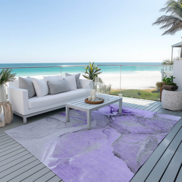 5' X 8' Purple and Ivory Abstract Washable Non Skid Indoor Outdoor Area Rug