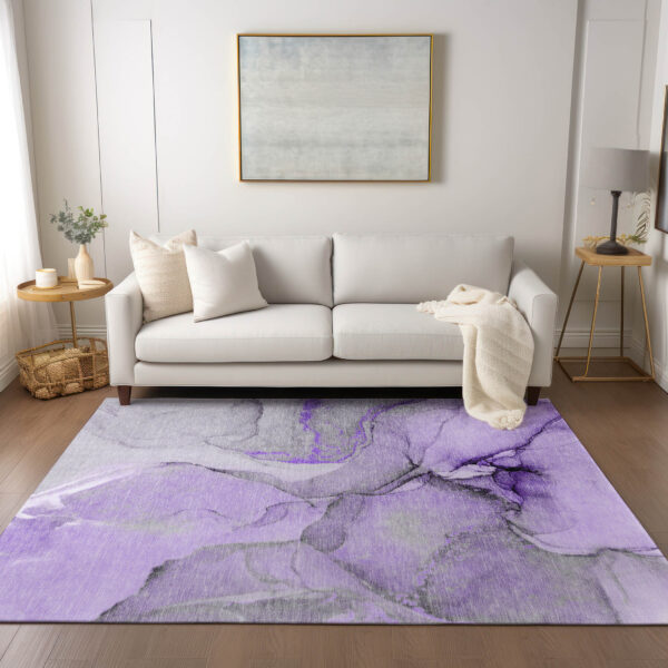 5' X 8' Purple and Ivory Abstract Washable Non Skid Indoor Outdoor Area Rug