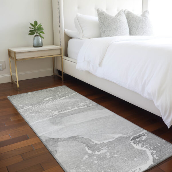 2' X 8' Gray Abstract Washable Indoor Outdoor Runner Rug