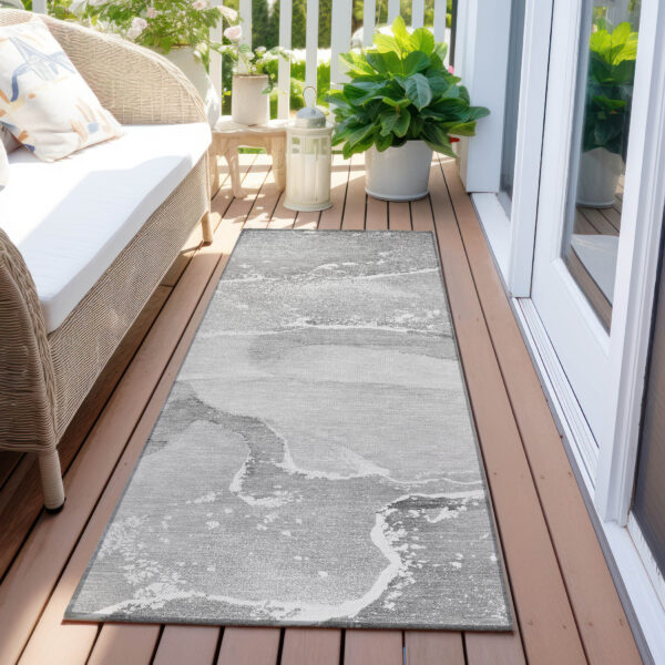2' X 8' Gray Abstract Washable Indoor Outdoor Runner Rug