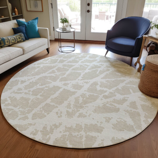8' Round Beige and Ivory Round Abstract Washable Non Skid Indoor Outdoor Area Rug
