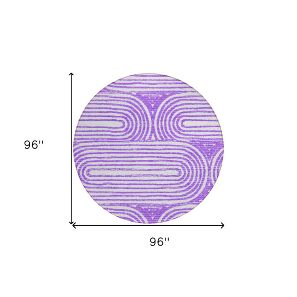8' Round Purple and White Round Abstract Washable Non Skid Indoor Outdoor Area Rug