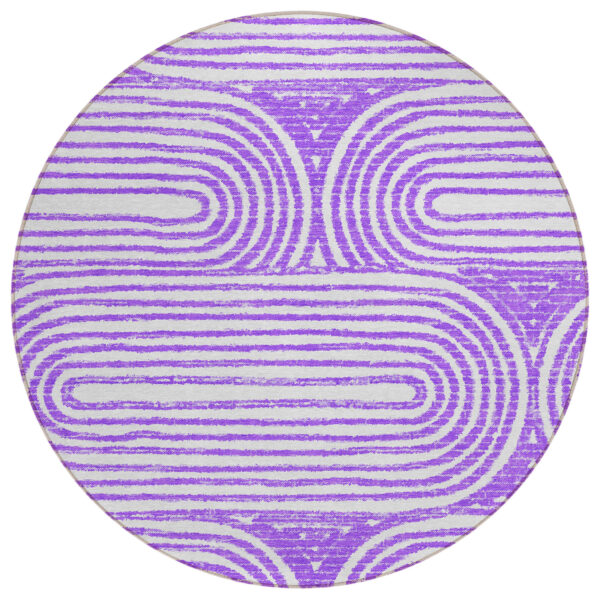8' Round Purple and White Round Abstract Washable Non Skid Indoor Outdoor Area Rug