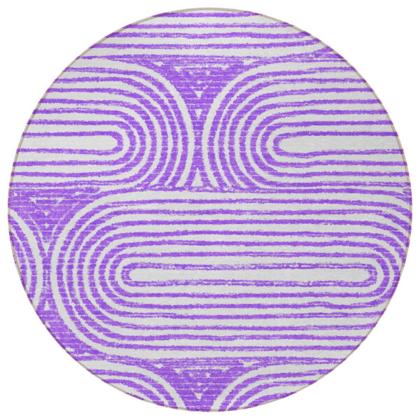8' Round Purple and White Round Abstract Washable Non Skid Indoor Outdoor Area Rug