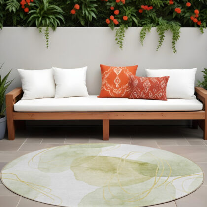 8' Round Green and Ivory Round Abstract Washable Non Skid Indoor Outdoor Area Rug