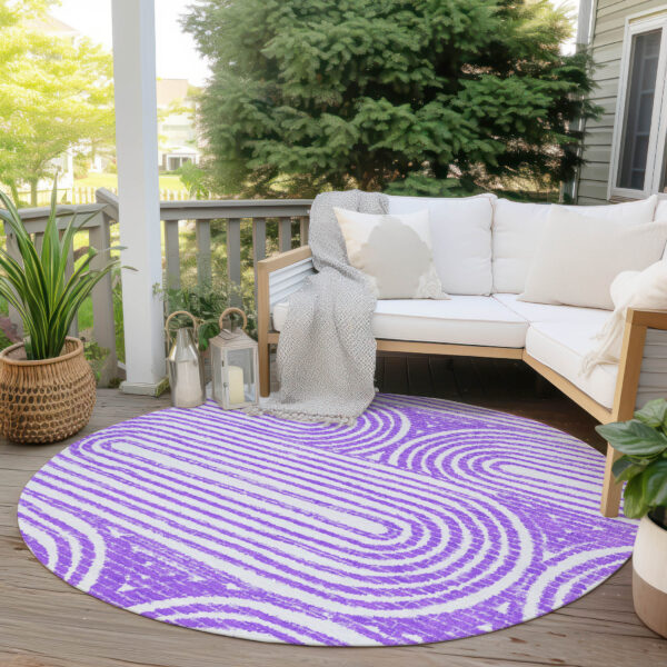 8' Round Purple and White Round Abstract Washable Non Skid Indoor Outdoor Area Rug