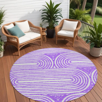 8' Round Purple and White Round Abstract Washable Non Skid Indoor Outdoor Area Rug