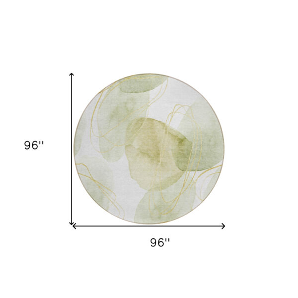 8' Round Green and Ivory Round Abstract Washable Non Skid Indoor Outdoor Area Rug