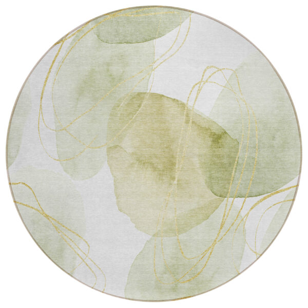 8' Round Green and Ivory Round Abstract Washable Non Skid Indoor Outdoor Area Rug