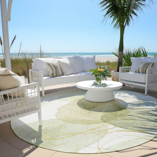 8' Round Green and Ivory Round Abstract Washable Non Skid Indoor Outdoor Area Rug