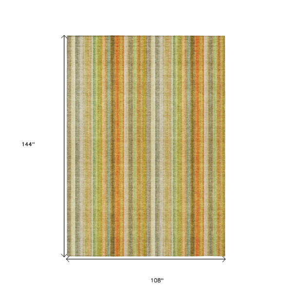 9' X 12' Tan Orange and Green Striped Washable Non Skid Indoor Outdoor Area Rug