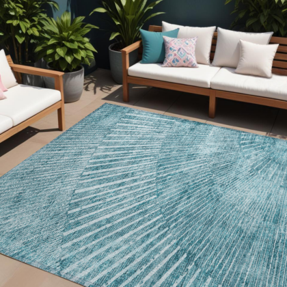 9' X 12' Teal Abstract Washable Non Skid Indoor Outdoor Area Rug