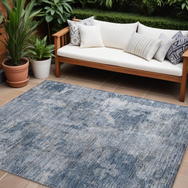 10' X 14' Blue Abstract Washable Non Skid Indoor Outdoor Area Rug