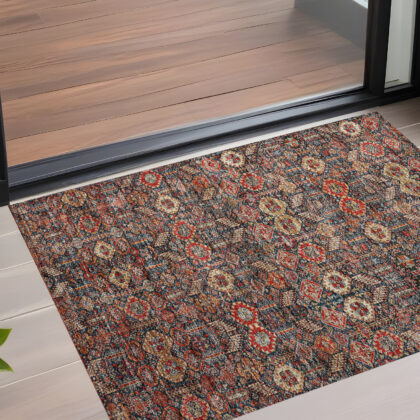 2' X 3' Red and Dark Blue Floral Washable Non Skid Indoor Outdoor Area Rug