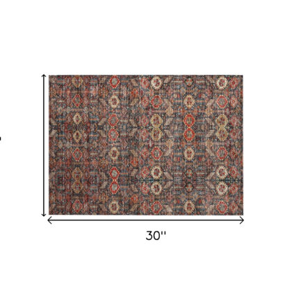 2' X 3' Red and Dark Blue Floral Washable Non Skid Indoor Outdoor Area Rug